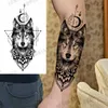 Tattoo overdracht zwarte geometrische wolf maan tijdelijke tatoeages voor vrouwen volwassen mannen krijger bos kompas nep tattoo body art wasable tatoo paper 240427
