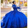 Blue Tulle Tiered Ruffle Royal Dree Quinceanera Prince Prom Party Gown Glitter Sequin Lace Appliqued Long Sleeve Sweetheart Neck Sweet 15 Vetido VX