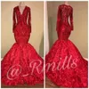 Vestidos de sirena encaje Red Prom 2019 Mangas negras Volaciones largas V Neck 3d Floral Sweet Train Formal Party Wear BC1433