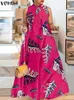 بالإضافة إلى الحجم 5xl Vonda Bohemian Summer Maxi Dress Women Ploral Print Tie Bow Beach Sundress مثير بلا أكمام غير رسمية طويلة رداء طويل 240419