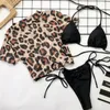 Kvinnors badkläder Kort ärm Mesh 3 -delad baddräkt Neongrön High Cut Leopard Cover Up Push Bikini Separate Bathing Suit Thong 2024