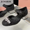 Zapatos de vestir Sandalias de tacón de cristal Mujeres Rehinestones de lentejuelas Hebilla del cinturón de cuero genuino Mary Jane Ballet Shallow Ballet Pista