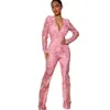 Blommor 3D rosa klänningar moderna spetsar prom jumpsuits blommor applikationer v-ringning långa ärmar illusion formella aftonklänningar kvinnor special ocn celebrity party slitage