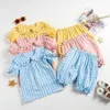 Pajamas Girls Sleepwear Clothes Sets Summer 2pcs Plaid Suits for Kids Homewear Ruffle Collar Shirt and Shorts ldren Pajamas Clothing H240509