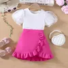 Ensembles de vêtements 2024 Vêtements d'enfants d'été T-shirts à manches bouffantes courtes Ruffles Rose Red Jirts 2 pièces Designer Girls 18m-6T