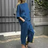 Women's Two Piece Pants Summer Casual Loose Two Piece Set Women Fashiona Solid Color Cotton Linen Tshirt Wide Leg Pants Two Piece Set Women Y240426