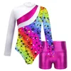Clothing Sets Kids Girls Ballet Dance Sports Gymnastics Workout Outfits Long Sleeve Printed Leotard With Metallic Shorts Costumes