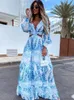 Elegant Womens Dresses Summer Hollow Sexy Print V-Neck Long Sleeve Dress Holiday Beach Lady Vesido Mujer Robe S-XXXL 240415