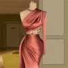 One Long Crystal Elegant Shoulder Mermaid Prom Dresses Plus Size Dubai Arabic Satin Sheer Ruched Formal Party Evening Gowns Vestidos De Fiesta