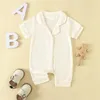 Lioraitiin Infant Girls Boys Romper Pajama Lapel Neck Short Sleeve Contrast Trim Button Down Waffle Jumpsuit Sleepwear Clothes 240418