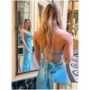 Abiti casual di base Girls Streetwear Streetwear Summer Outfits Abibiti Nuovo Halter Vacate Abito da spiaggia Silk Satin Blue Long Drop DHCRV