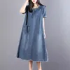 Party Dresses 2024 Summer Women's Casual O Neck Short Sleeve Jean Female Pullover Denim Loose Mid Calf Dress