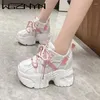 Casual Shoes Women High Platform Skórzane trampki Tennis 10,5 cm Ukryte obcasy koronkowe oddychające, Chunky Dad Woman Mujer