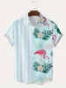 Camisas casuais masculinas faixas de moda Flamingo de verão clássico bluses Men Slim Fit Flor Male Social Shirt Mens Hawaiian Rua Casual Camisas 240424