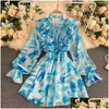 Grundläggande avslappnade klänningar Autumn 2022 Blue Tie-Dye Mini Dress Women Sweet Ruffle Chiffon Vestidos Female Elegant Flare Long Sleeve Irregar Dhha2