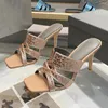 Slippers High версия цветной бриллиантовые квадратные носки Slim Heels Sandals Summer 2024 Gold