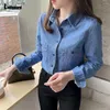 Dames blouses ladiguard 2024 single breasted top retro blauwe denim blouse ladies street jean outerwear lange vintage shirt blusas demin