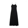 Casual Dresses Black Strap Dress 2024 Summer Open Back Long French Midja A-Line mångsidig rund hals