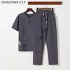 Chinese retro-stijl tangpak mannen set linnen Zen thee TEE Topbroek Kung Fu uniform oosterse mode casual losse t-shirt broek240416