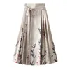 Skirts Chinese Vintage Printed One-Piece Wrap A-line Maxi Long Pleated Satin