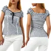 Koszulki kobiet żeńskie Topy Plaid Lace Trim U-drock krótkie t-shirt w bliskiej bluzce na letnią S/M/L