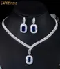 Bling Square Drop Dark Blue Cubic Zircon Necklace and Earring Party Jewelry Set for Wedding Brides T507 2107145229277