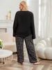 Kobietowa odzież sutowa Plus Kobiety Pajama Zestaw Solid V Neck Button Top Plaid Talle Pants Filist Pants Kobiet SLPWear 2 sztuki odzież domowa Y240426