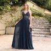 Sexy Rückenless Abendkleider 2024 Dark Navy Chiffon Applikationen eine Linie bloße v Hals Lange Party Promkleider Rezeption Verlobungskleider YD YD