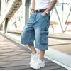 McIKkny Vintage Mens Cargo Summer Denim Shorts Multi-Pockets Blue Rechte jeans voor mannelijke plus maat 30-46 240415