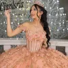 Blush Pink Off the Shoulder Ruffles Ball Gown Quinceanera Dresses 3D Flowers Sequined Lace Corset Sweet 15 Vestido