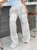Calças de carga transparente chiques chiques y2k streetwear bolsos folgados calças de retalhos calças casuais mulheres verem através de calças 240424