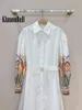 Lässige Kleider 2,23 Klasonbell Elegant Vintage Print Long Sleeve mit Gürtelkleid Baumwolle Atmungsfreie Feiertagsstrand Maxi Frauen Kleidung
