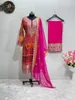 Etnische kleding Salwar Kameez Sets Round Neck Lange mouwen Dressbroek Dupatta Handgemaakt borduurwerk driemaal