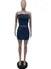 Work Dresses WUHE Denim Women Set Zipper Front Strapless Crop Top And High Side Bodycon Mini Skirt 2024 Summer Jean Two 2 Piece Outfit