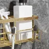 A0UF Tandborstehållare Gyllene tandborstehållare med gratis krok Stansat badrumsställ Badrum förvaringsställ Shampo förvaringsställ 240426