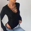 Kadın Tişörtleri Çapraz u yakalı ince uzun kollu üst tek parça