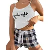 Dames slaapkleding Tweede stuk dames zomerhuis set met ronde nek Suspender Letter Vest boog plaid shorts pyjama set y240426