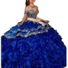 Lång 2 -tiered blå mexikansk ruffle quinceanera klänningar bitar golvlängd prom boll klänning guld spets applikation från axelkorsett 15 år flickor charro klänning