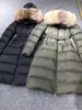 Mulheres Big Real Fox Fur Hooded Down Coat X Long grossa quente com zíper duplo com cinto de cinto Slim impermeável parkas preto cor verde externa