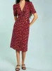 Stile francese retrò A-line Dress Elegant Dress Summer Women Red Floral Stampa Wrapola Short Short Short 240424