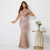 Runway Dresses Yidingzs Elegant Long Gold Sequin Dress V Neck Party Maxi Dress Women Prom Evening Dress Y240426