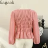 Women's Blouses Gagaok Design Pleated Round Neck Bubble Sleeve Shirt For Autumn 2024 French Style Waist Wrapping Slim Top