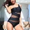 Swimwear féminin Femmes Mesh Patchwork One Piece Swimsuit See-Through Sexy Bikini Push-Up Stripe épaule pour