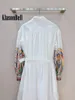 Lässige Kleider 2,23 Klasonbell Elegant Vintage Print Long Sleeve mit Gürtelkleid Baumwolle Atmungsfreie Feiertagsstrand Maxi Frauen Kleidung