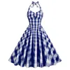 Robes décontractées de base Hepburn Style Ingrid Pink Plaid High Waistband avec un cou mince et une grande robe à mi-longueur swing Cotton D Dhmb5