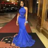 Prom Royal Couple Fashion Blue Dresses Mermaid Halter Neck Beaded Appliques Sweep Train Evening Red Carpet Gowns