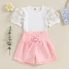Clothing Sets Kids Clothes Baby Girl Summer 2PCS Outfits Sweet Mesh Short Puff Sleeve Round Neck T-Shirts High Waist Flared Shorts Sets