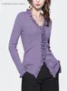 Damesbreien Women 'Light Purple Skinny Wool Sweater met afschikbare bloem stropdas lange mouw v-hals ruches herfst winter gebreide tops