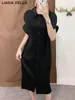 Robes de fête Linda della créatrice de mode d'été noir Vintage plissé robe revers féminine poitrine haute fente lâche décontractée longue