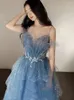 Casual jurken Yosimi-Women's Evening Party Lange cake jurk vloer lengte mouwloze strapless prinses mesh ball jurk blauw zomer 2024